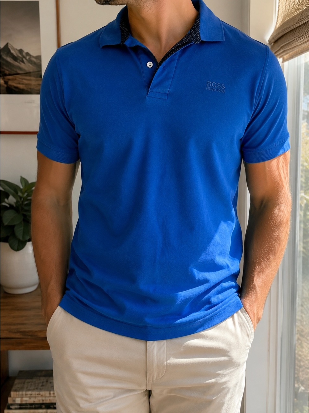 Slim fit BOSS Hugo Boss Men’s Blue Contrast Collar Polo Shirt Medium